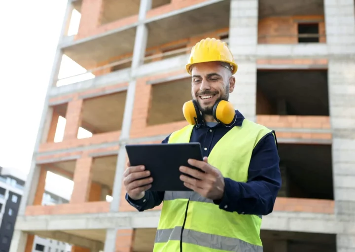 Imagem de um homem trabalhando na construção de um prédio segurando um tablet e sorrindo para ilustrar matéria sobre averbação de construção