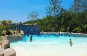 Foto que ilustra matéria sobre O que fazer em Suzano mostra pessoas nadando e brincando em uma grande piscina de ondas cercada por rochas artificiais e árvores exuberantes sob um céu azul claro no parque aquático Magic City.