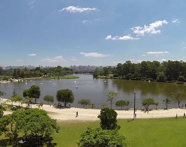 Imagem da vista do Parque Ecológico do Tietê, em São Paulo, em um dia ensolarado, mostra lago cercado por árvores e trilhas para caminhada. As pessoas passeiam e relaxam ao longo do caminho, com grama verde e um horizonte distante da cidade sob um céu azul com nuvens dispersas
