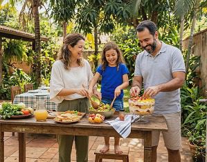 Uma mulher, um homem e uma jovem preparam comida juntos em uma mesa de madeira ao ar livre, cercada por frutas e legumes frescos, em um jardim exuberante. Eles estão sorrindo e desfrutando da companhia um do outro.