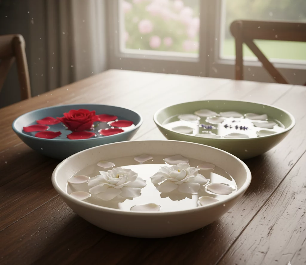 Três tigelas rasas cheias de água e pétalas de flores flutuantes estão sobre uma mesa de madeira perto de uma janela iluminada pelo sol. Uma tigela tem uma rosa vermelha, outra tem gardênias brancas e a terceira contém pétalas brancas misturadas.