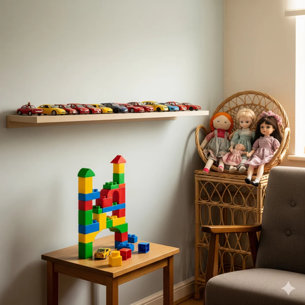 Um canto aconchegante de um quarto de criança com carrinhos de brinquedo coloridos alinhados em uma prateleira na parede, três bonecas sentadas em uma cadeira de vime e uma mesa exibindo uma estrutura construída com blocos de montar multicoloridos. A luz do sol passa por uma janela.
