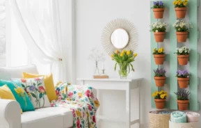 Sala de estar bem iluminada com um sofá branco, almofadas e cobertores florais coloridos, uma pequena escrivaninha branca com um vaso de flores, um espelho redondo e um rack vertical com vasos de flores contra uma parede branca. Cestas e toalhas enroladas no chão.