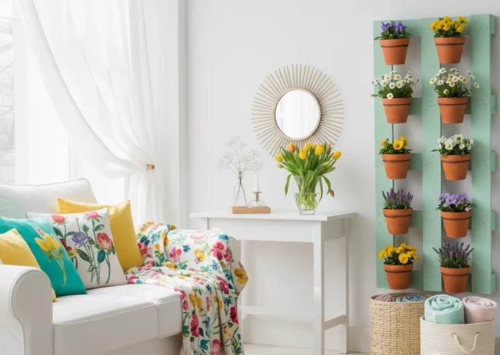 Sala de estar bem iluminada com um sofá branco, almofadas e cobertores florais coloridos, uma pequena escrivaninha branca com um vaso de flores, um espelho redondo e um rack vertical com vasos de flores contra uma parede branca. Cestas e toalhas enroladas no chão.