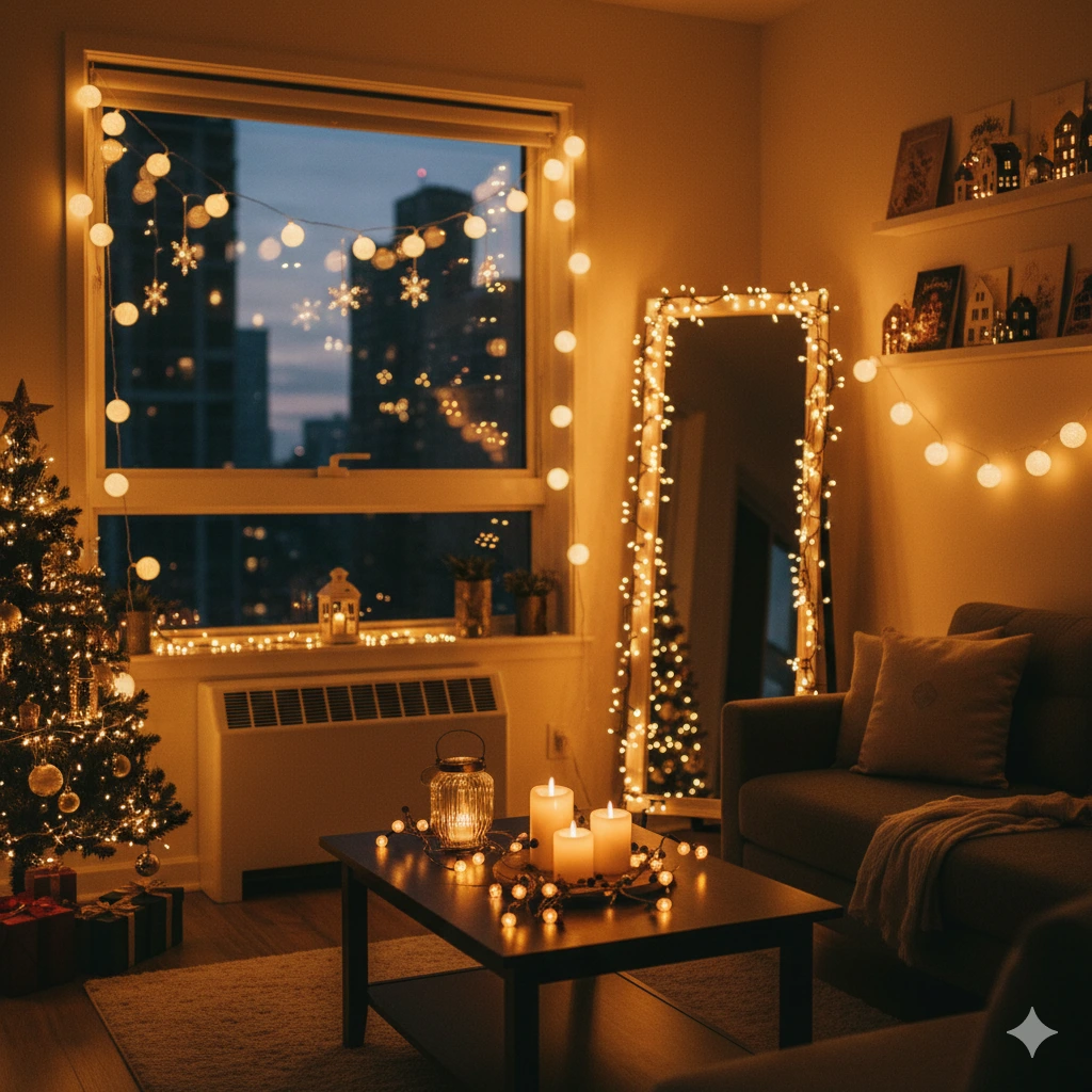 Uma sala de estar aconchegante decorada para as festas de fim de ano com luzes de corda, uma árvore de Natal acesa, velas brilhantes em uma mesa de centro e ornamentos festivos. Os prédios da cidade são visíveis pela janela ao anoitecer.