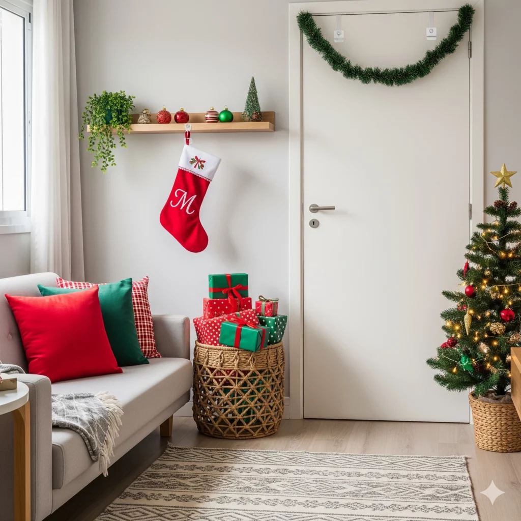Uma sala de estar aconchegante decorada para o Natal com uma árvore, presentes embrulhados em uma cesta, almofadas vermelhas e verdes em um sofá, uma meia pendurada na parede, enfeites em uma prateleira e uma guirlanda sobre a porta.