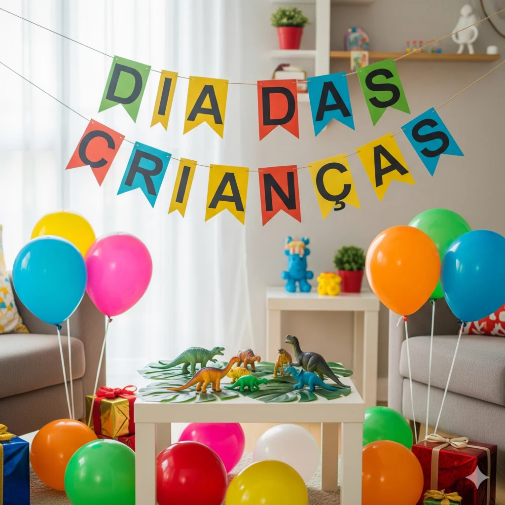 Uma sala de estar festiva decorada com balões coloridos, brinquedos de dinossauros e presentes embrulhados. Uma faixa com a inscrição DIA DAS CRIANÇAS está pendurada na sala, comemorando o Dia das Crianças.
