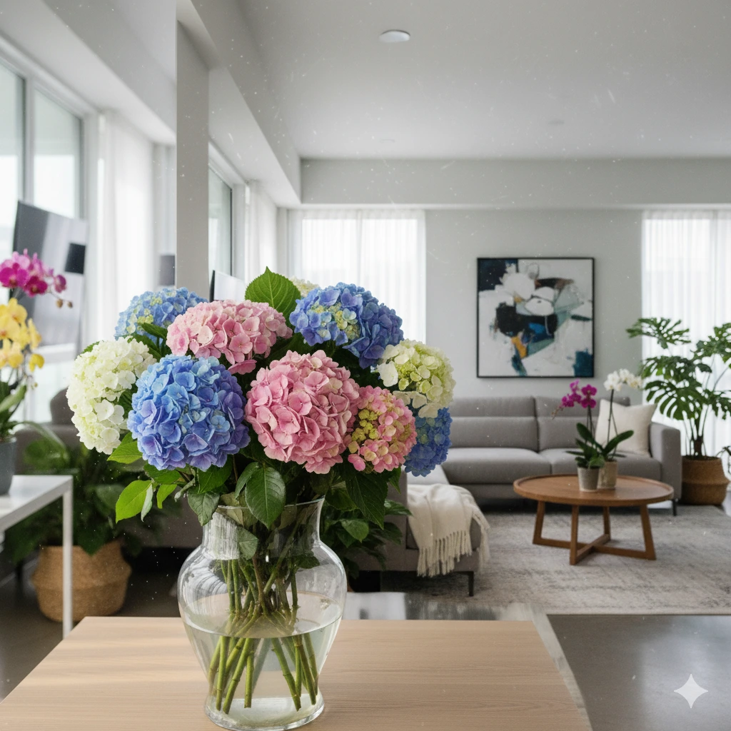 Um vaso de vidro transparente cheio de Flores de Primavera - hortênsias em azul, rosa, verde e branco - fica sobre uma mesa em uma sala de estar moderna e iluminada com sofás, plantas e grandes janelas ao fundo.