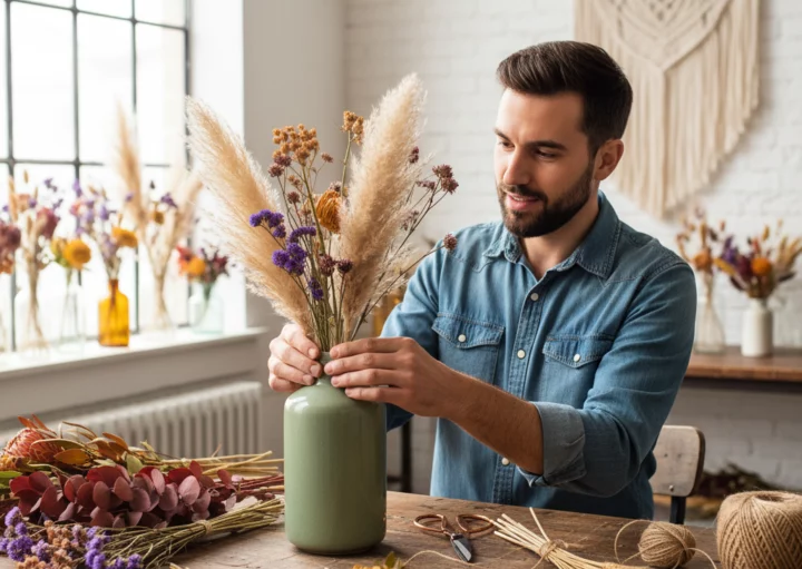 Um homem de camisa jeans arruma flores secas, incluindo grama dos pampas e flores roxas, em um vaso verde sobre uma mesa de madeira em uma sala iluminada e aconchegante, decorada com arranjos florais e arte em macramê.