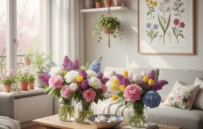 Uma sala de estar bem iluminada com vasos de Flores de Primavera coloridas em uma mesa de centro de madeira, vasos de plantas ao lado de uma grande janela, almofadas florais e uma gravura de arte botânica na parede, criando uma atmosfera primaveril animada.