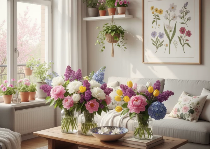 Uma sala de estar bem iluminada com vasos de Flores de Primavera coloridas em uma mesa de centro de madeira, vasos de plantas ao lado de uma grande janela, almofadas florais e uma gravura de arte botânica na parede, criando uma atmosfera primaveril animada.