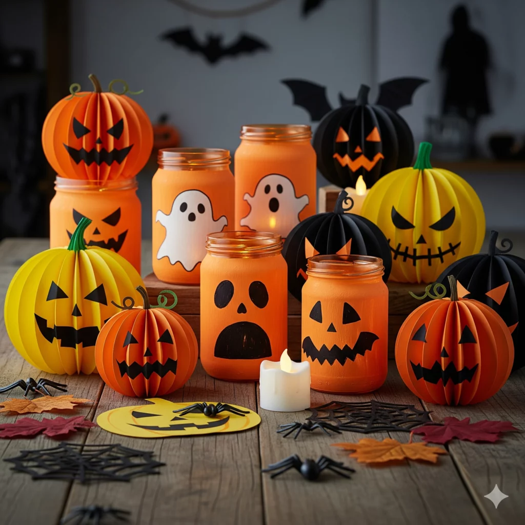 Uma coleção de decorações de Halloween, incluindo abóboras de papel, morcegos pretos, potes com rostos de fantasmas e lanternas, aranhas falsas, uma vela e folhas de outono, dispostas em uma mesa em um ambiente festivo.