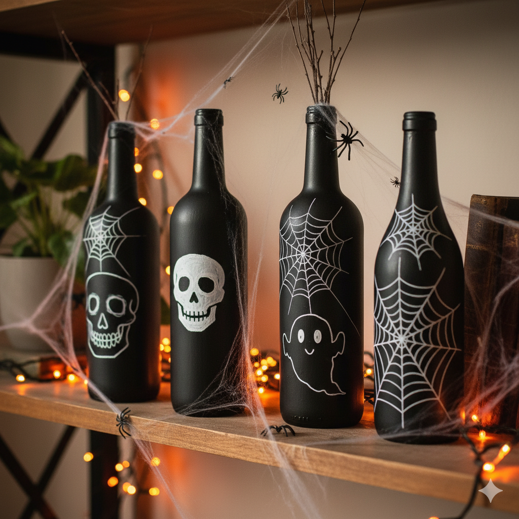 Quatro garrafas pretas decoradas com desenhos brancos de Halloween - caveiras, um fantasma e teias de aranha - ficam em uma prateleira de madeira adornada com teias de aranha, pequenas aranhas falsas e luzes de corda laranja.