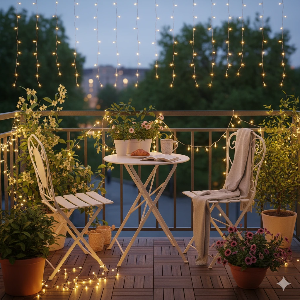 Uma varanda aconchegante com luzes de corda, duas cadeiras brancas, uma mesa redonda com um livro, um croissant, vasos de plantas e flores, criando uma atmosfera calorosa e convidativa à noite.