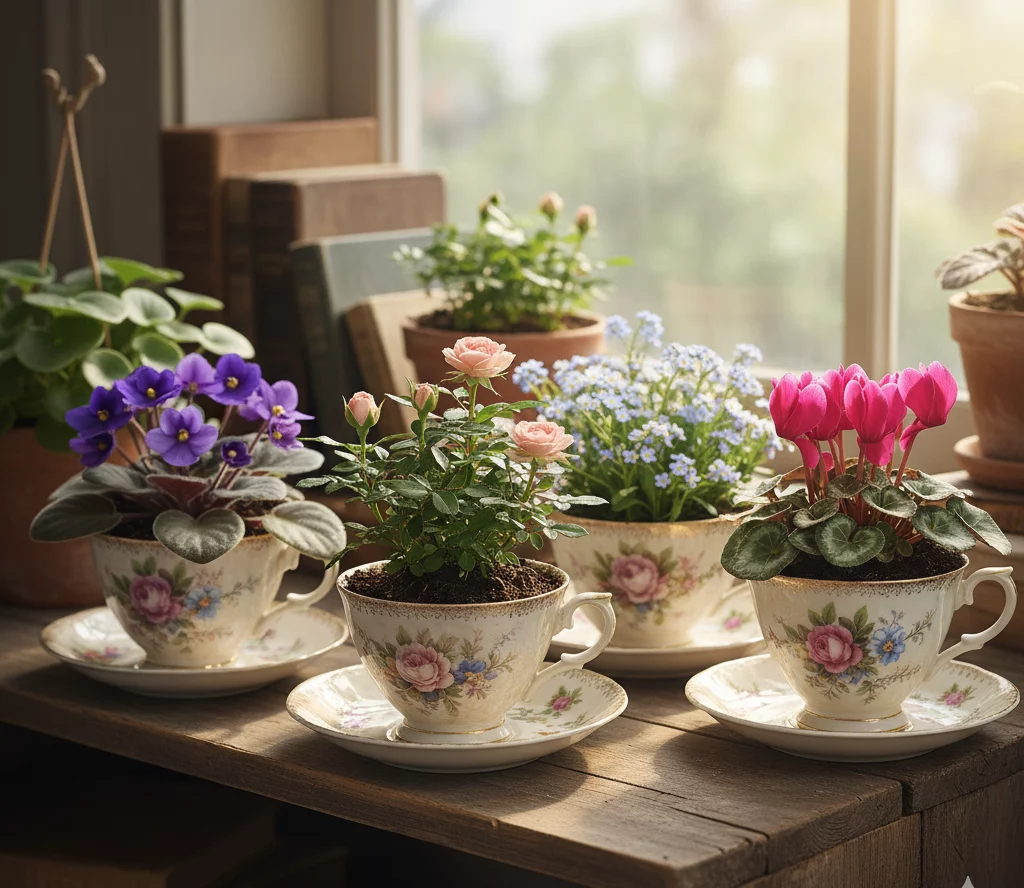 Várias xícaras de chá com desenhos florais, cada uma segurando uma planta florida diferente, estão dispostas em uma mesa de madeira perto de uma janela iluminada pelo sol, com livros e mais vasos de plantas ao fundo.