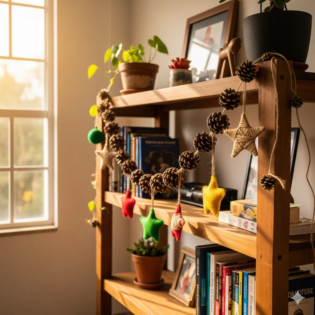 Uma estante de madeira decorada com pinhas e enfeites de estrelas coloridas fica ao lado de uma janela iluminada pelo sol. Perfeita para a Decoração de Natal para casa de aluguel, ela abriga vasos de plantas, livros e decoração, criando uma atmosfera aconchegante e convidativa.