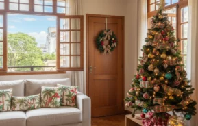 Uma sala de estar aconchegante decorada para o Natal com uma árvore iluminada, ornamentos festivos, uma coroa de flores na porta e almofadas com tema natalino em um sofá claro - inspiração perfeita de decoração de Natal para casa de aluguel. A luz do sol entra pelas grandes janelas.