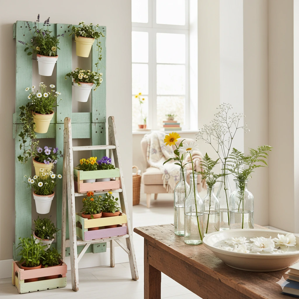 Uma sala iluminada e arejada com um palete de madeira rústica e uma escada com vasos de flores. Garrafas de vidro com flores silvestres e uma tigela de flores flutuantes estão sobre uma mesa de madeira, com uma poltrona aconchegante ao lado de uma janela iluminada pelo sol ao fundo.