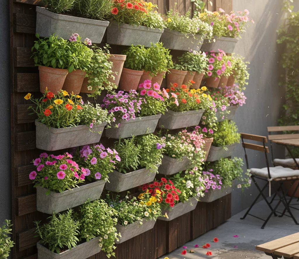 Um jardim vertical com fileiras de jardineiras de metal e vasos de terracota cheios de flores coloridas e plantas verdes é montado em uma parede de madeira ao lado de uma mesa e cadeiras externas. A luz do sol ilumina a exibição vibrante.