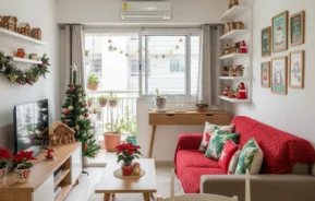 Uma sala de estar aconchegante decorada para o Natal com um sofá vermelho, uma pequena árvore de Natal, enfeites festivos e vegetação. Há gravuras natalinas emolduradas na parede e vasos de plantas perto de uma janela bem iluminada.