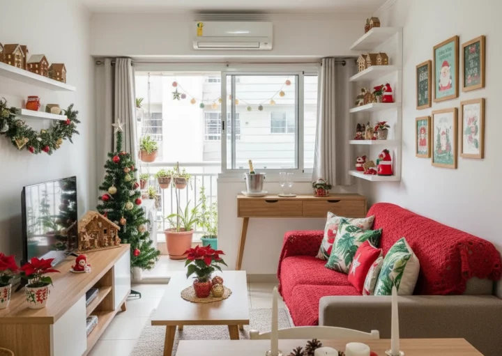 Uma sala de estar aconchegante decorada para o Natal com um sofá vermelho, uma pequena árvore de Natal, enfeites festivos e vegetação. Há gravuras natalinas emolduradas na parede e vasos de plantas perto de uma janela bem iluminada.