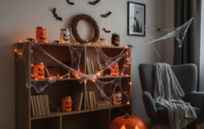 Uma sala aconchegante decorada para o Halloween com uma estante adornada com teias de aranha, luzes de barbante, jarros de jack-o-lantern, morcegos pretos na parede e uma grande abóbora iluminada no chão ao lado de uma poltrona cinza coberta com um cobertor.
