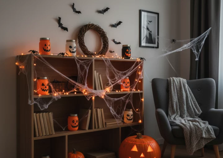 Uma sala aconchegante decorada para o Halloween com uma estante adornada com teias de aranha, luzes de barbante, jarros de jack-o-lantern, morcegos pretos na parede e uma grande abóbora iluminada no chão ao lado de uma poltrona cinza coberta com um cobertor.