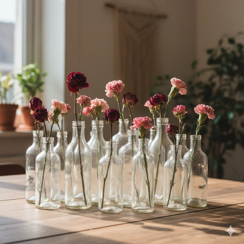 Garrafas de vidro transparentes cheias de cravos vermelhos e rosa estão dispostas em uma mesa de madeira em uma sala iluminada pelo sol, com plantas domésticas e grandes janelas ao fundo.