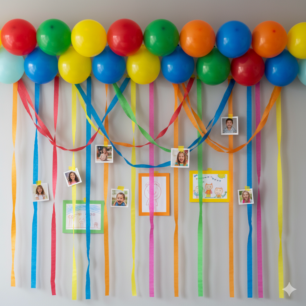 Uma parede colorida decorada com balões, serpentinas penduradas, desenhos infantis e pequenas fotos de crianças, criando um cenário de festa festivo e alegre.
