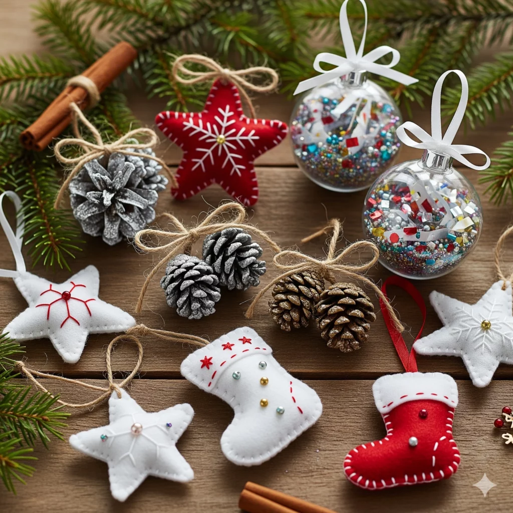 Um arranjo festivo de enfeites de Natal feitos à mão, incluindo estrelas e meias de feltro, pinhas decoradas e enfeites transparentes cheios de glitter, exibidos em uma superfície de madeira com galhos de pinheiro e paus de canela.