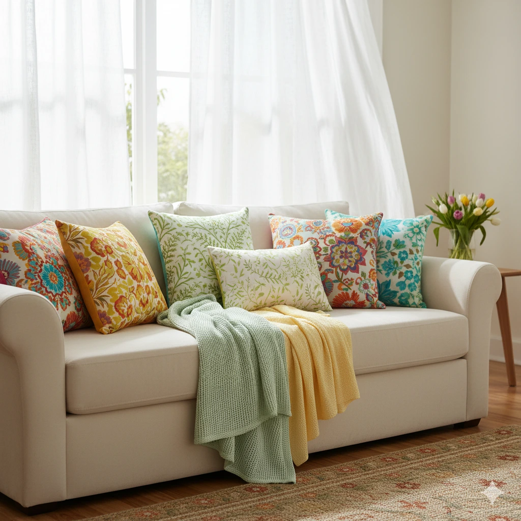 Um sofá branco com almofadas coloridas com estampas e flores fica em uma sala de estar bem iluminada. Cobertores verdes e amarelos macios são colocados sobre o sofá, com a luz do sol passando por cortinas transparentes atrás dele. Um vaso de flores está em uma mesa lateral.