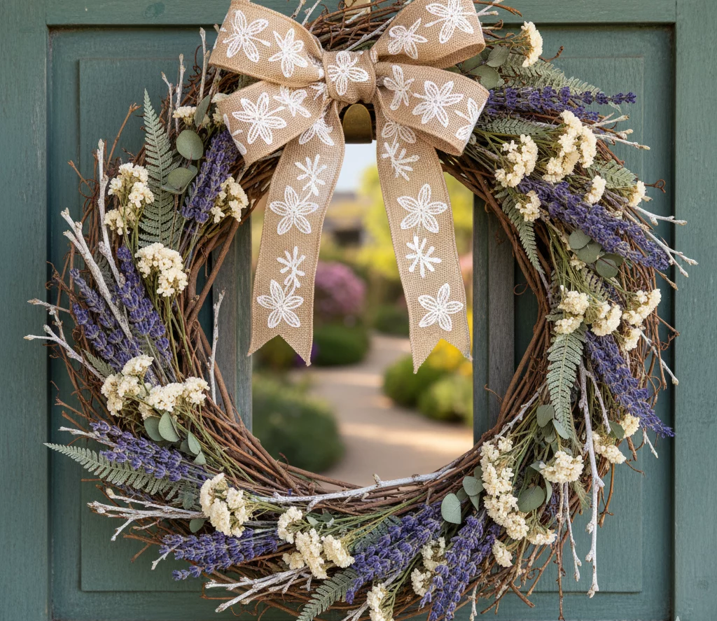 Uma coroa de flores rústica feita de galhos, lavanda, pequenas flores brancas e folhas verdes está pendurada em uma porta azul-petróleo. Ela é decorada com um grande laço de serapilheira com padrões florais brancos.