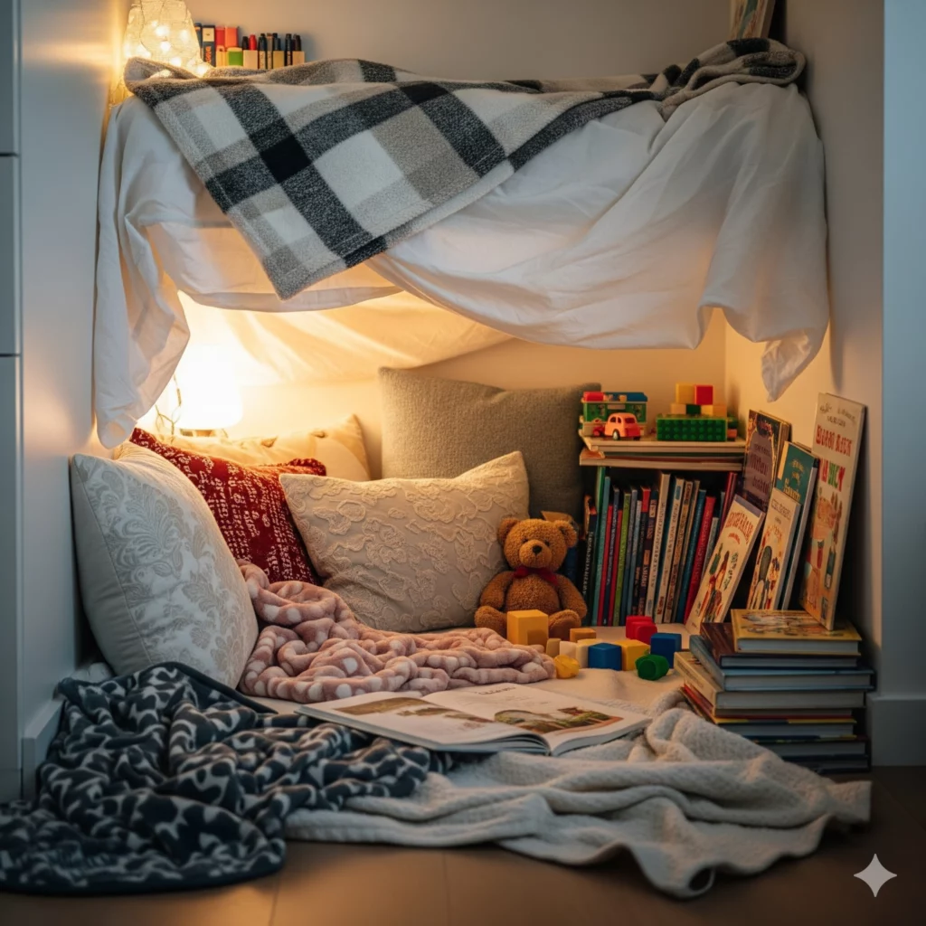 Um recanto de leitura aconchegante feito de cobertores e travesseiros sob um beliche, iluminado calorosamente por uma lâmpada. Livros infantis, brinquedos, um ursinho de pelúcia e blocos de montar criam uma atmosfera confortável e convidativa.