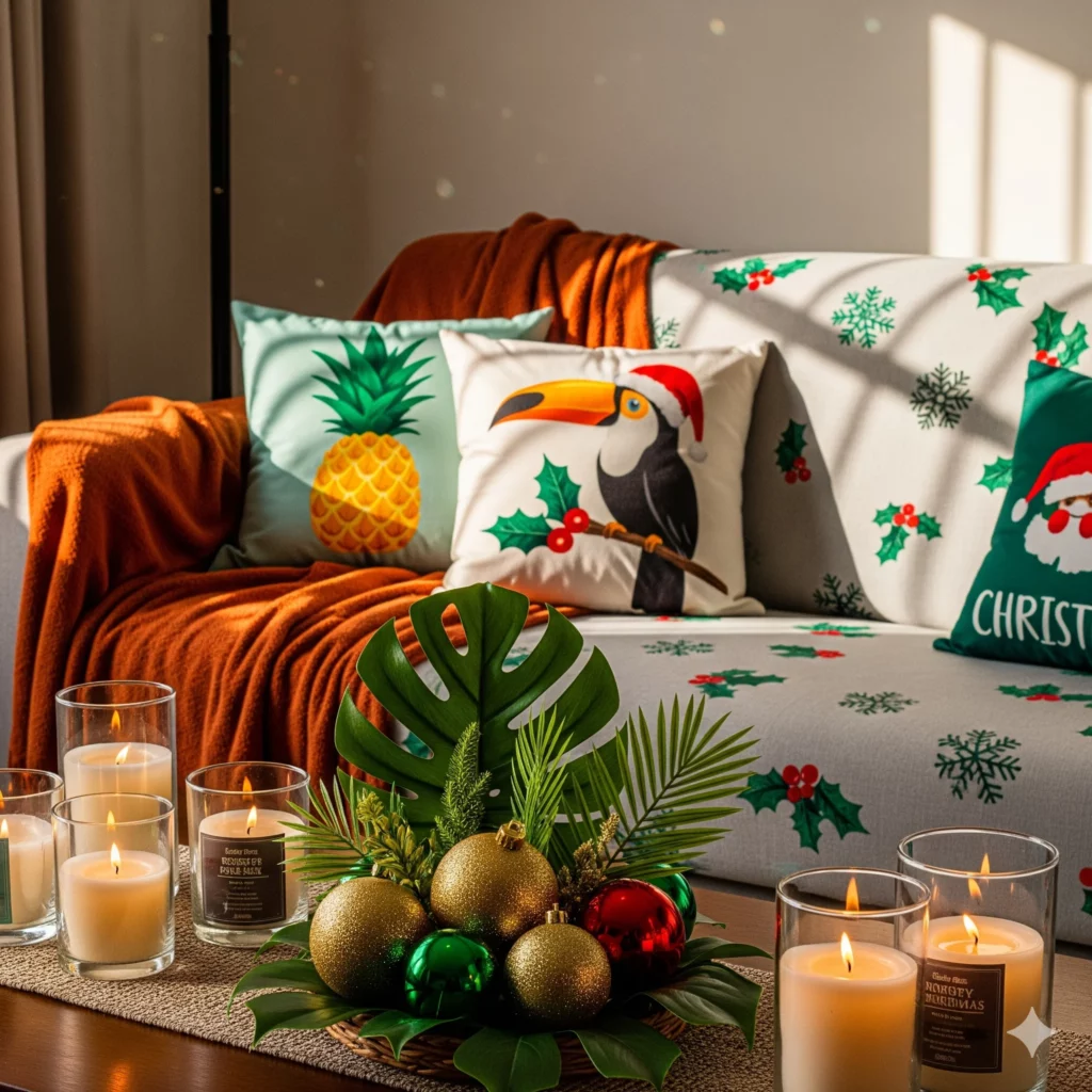 Uma sala de estar festiva com um sofá decorado com almofadas de Natal, incluindo um abacaxi, um tucano com chapéu de Papai Noel e folhas de azevinho. Decoração de Natal perfeita para casa de aluguel, com um cobertor laranja, velas e enfeites de Natal na mesa de centro.