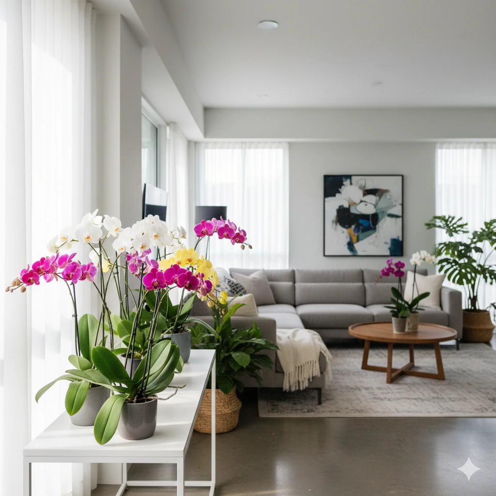 Sala de estar moderna e iluminada com paredes brancas, um sofá cinza, mesa de centro de madeira, plantas grandes e orquídeas Flores de Primavera vibrantes em vasos em uma mesa lateral perto de janelas altas com cortinas transparentes. Uma pintura floral está pendurada na parede.