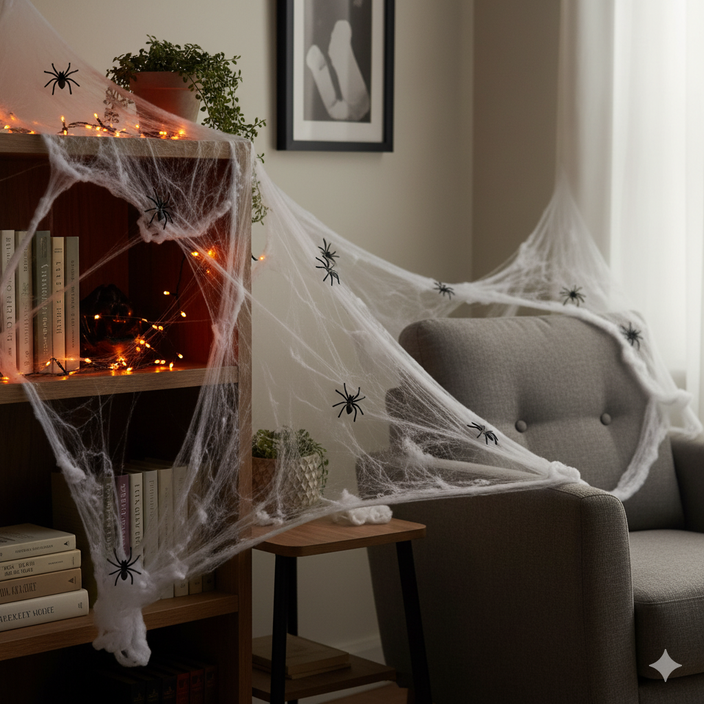 Um canto de sala de estar aconchegante decorado para o Halloween com teias de aranha falsas, aranhas de plástico e luzes de corda laranja penduradas em uma estante, poltrona e parede. Livros e um quadro emoldurado podem ser vistos ao fundo.