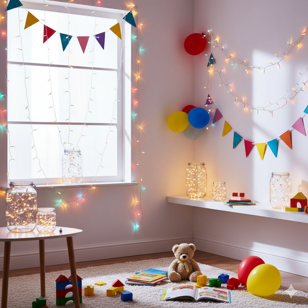 Uma sala de jogos infantil aconchegante e bem iluminada, com fitas coloridas, balões, luzes de fadas, brinquedos e um ursinho de pelúcia em um carpete bege. Frascos de vidro com luzes de corda iluminam o espaço brilhante e alegre.