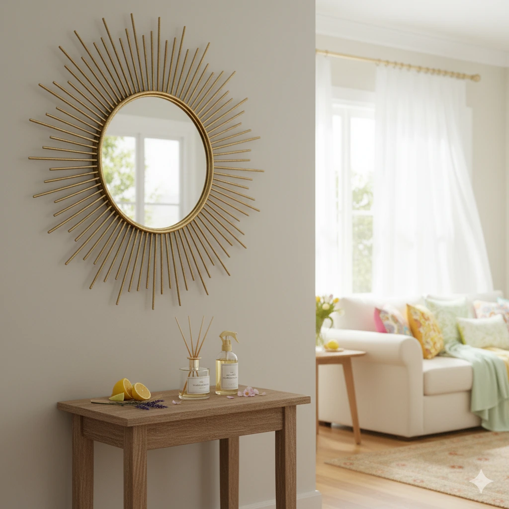 Um espelho redondo em estilo sunburst está pendurado em uma parede clara acima de uma mesa de madeira com difusor de aroma cítrico, spray e fatias de limão. Ao fundo, vê-se uma sala de estar bem iluminada com um sofá branco e almofadas coloridas.