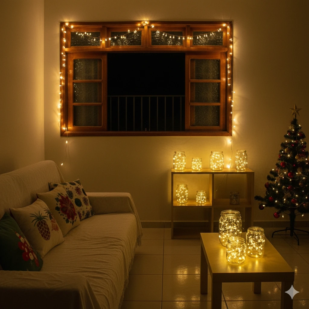 Uma sala de estar aconchegante apresenta decoração de Natal para casa de aluguel, com luzes de corda ao redor da janela, jarros de luzes de fadas nas mesas, uma pequena árvore de Natal e um sofá branco com almofadas coloridas - criando um brilho quente e festivo.