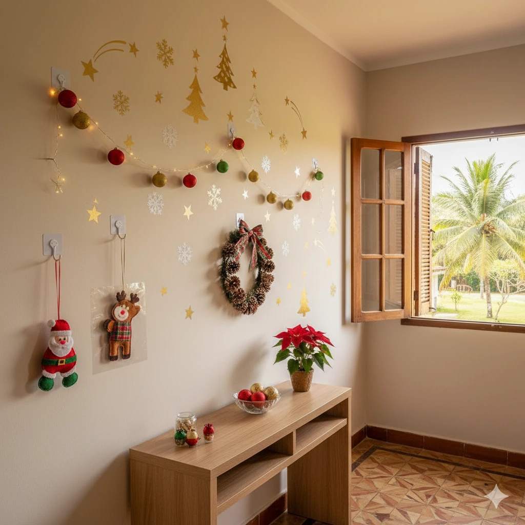 Uma pequena sala decorada para o Natal com enfeites de parede, uma coroa de flores, luzes de fadas, uma poinsétia em uma mesa de madeira, figuras natalinas e uma janela aberta mostrando palmeiras - uma decoração de Natal perfeita para casa de aluguel.