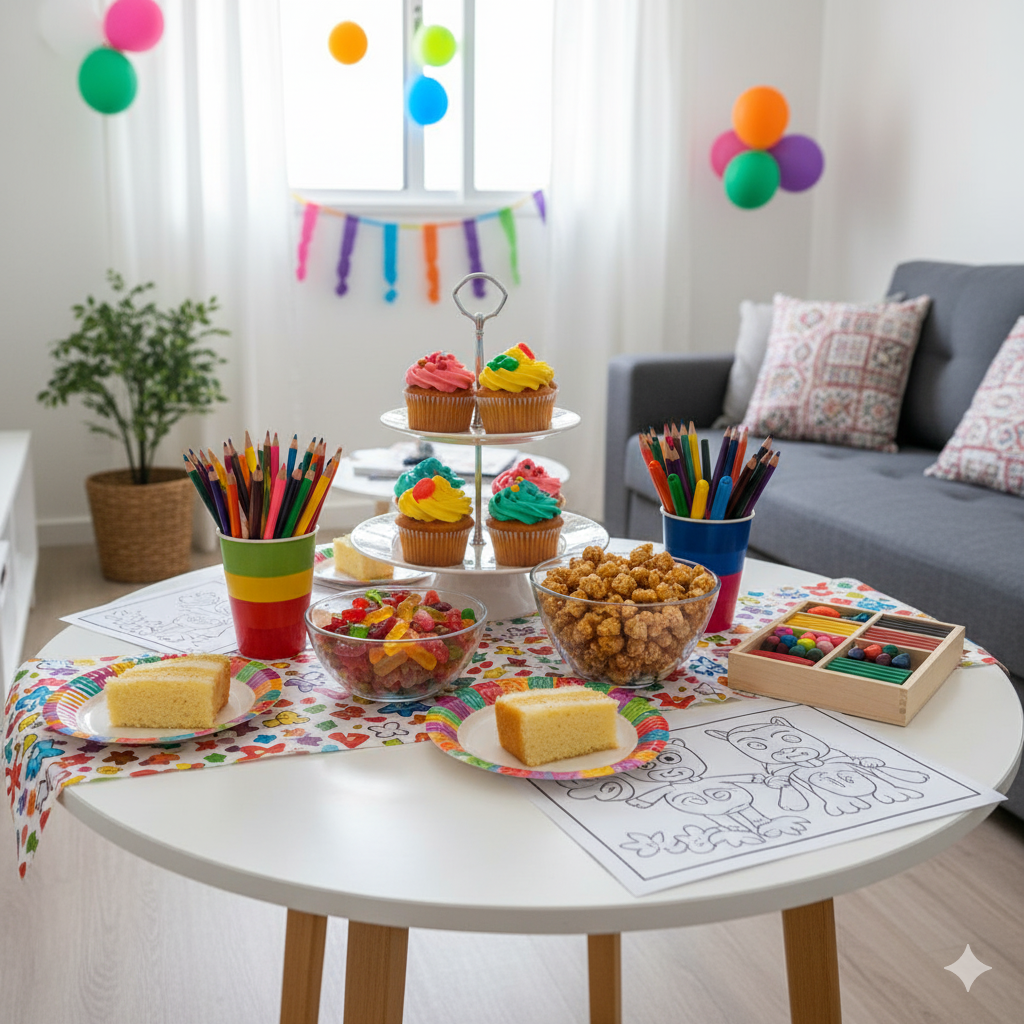 Uma mesa redonda com cupcakes, fatias de bolo, pipoca, doces, páginas para colorir, lápis de cor e giz de cera. O plano de fundo mostra uma sala de estar bem iluminada, decorada com balões e uma faixa para uma festa.