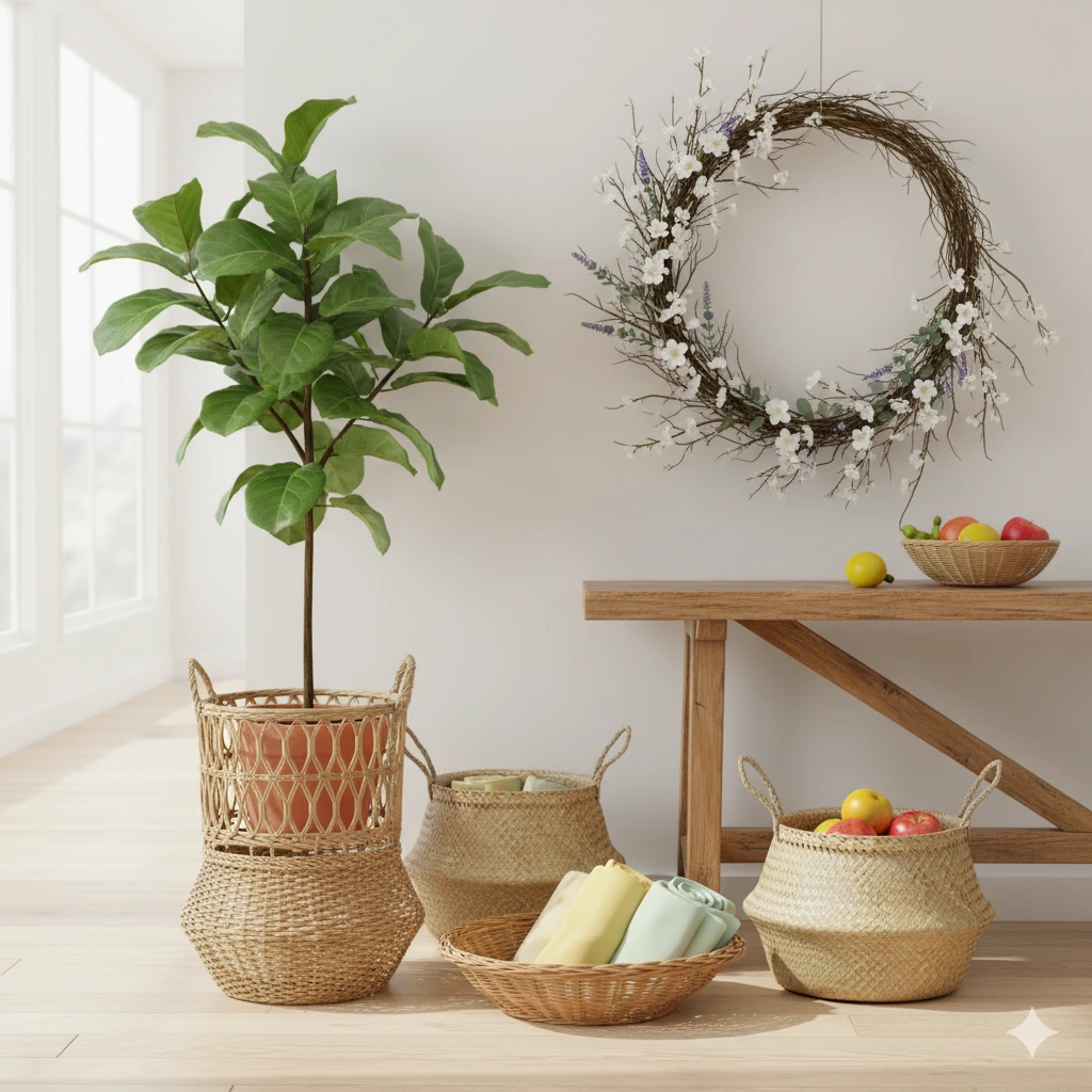 Um cômodo bem iluminado e arejado com um vaso de planta em uma cesta de tecido, cestas com toalhas dobradas, uma mesa de madeira com tigelas de frutas e uma coroa de flores pendurada na parede. A luz natural preenche o espaço minimalista.