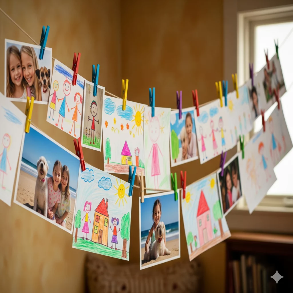 Desenhos infantis coloridos e fotos de crianças sorridentes e animais de estimação são presos a varais com prendedores de roupa em uma sala aconchegante, criando uma exibição alegre e criativa.