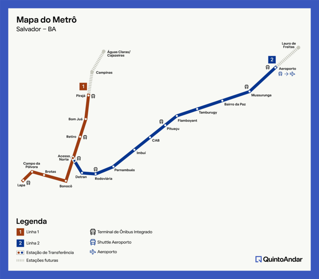 Mapa simplificado do sistema de metrô de Salvador com duas linhas codificadas por cores, estações rotuladas, aeroporto e terminais marcados. A legenda na parte inferior explica os símbolos. O mapa é intitulado "Mapa do Metrô Salvador - BA.".