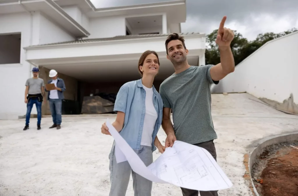 Imagem de um casal sorridente do lado de fora de uma casa moderna em construção, segurando plantas. O homem aponta para frente, enquanto trabalhadores com capacetes são visíveis ao fundo, perto da garagem.