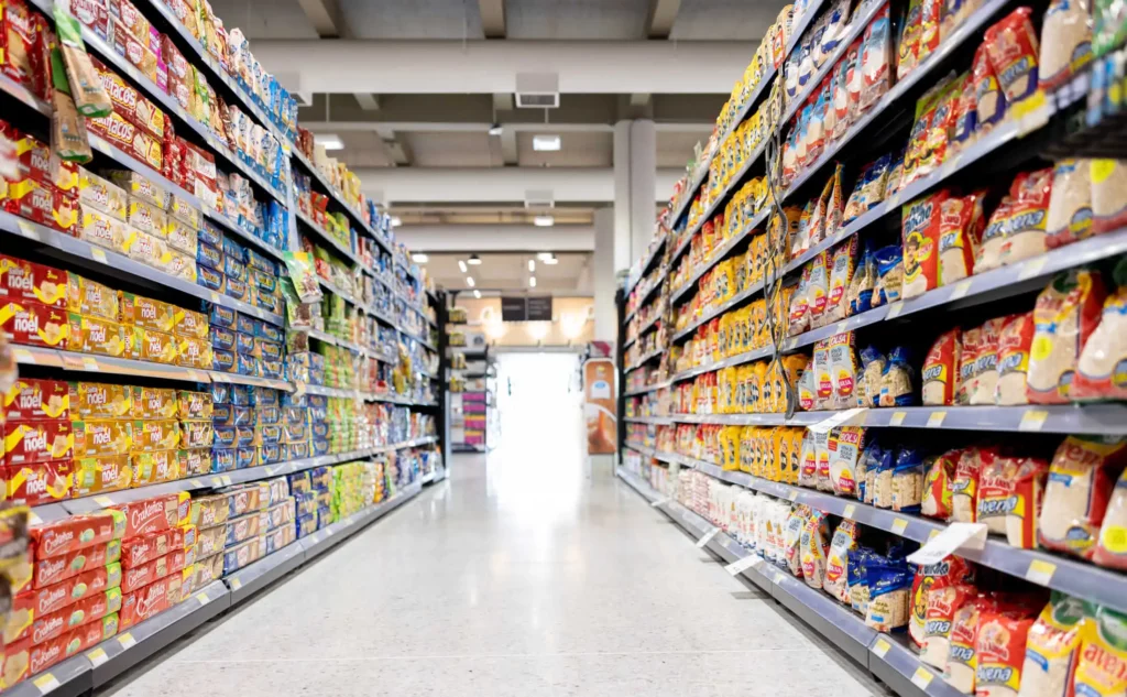 Imagem da vista de um corredor de um supermercado bem iluminado, com prateleiras totalmente abastecidas de salgadinhos embalados em ambos os lados e uma passagem livre que leva à saída da loja, aberta e iluminada pelo sol, à distância.