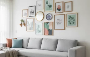 Uma sala de estar moderna com um sofá seccional cinza claro, almofadas em tons pastéis e uma mesa de centro de madeira apresenta a Decoração Parede Galeria: arte emoldurada, fotos e um espelho redondo na parede branca, além de uma pequena prateleira para plantas. A luz natural preenche o espaço.