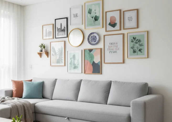 Uma sala de estar moderna com um sofá seccional cinza claro, almofadas em tons pastéis e uma mesa de centro de madeira apresenta a Decoração Parede Galeria: arte emoldurada, fotos e um espelho redondo na parede branca, além de uma pequena prateleira para plantas. A luz natural preenche o espaço.