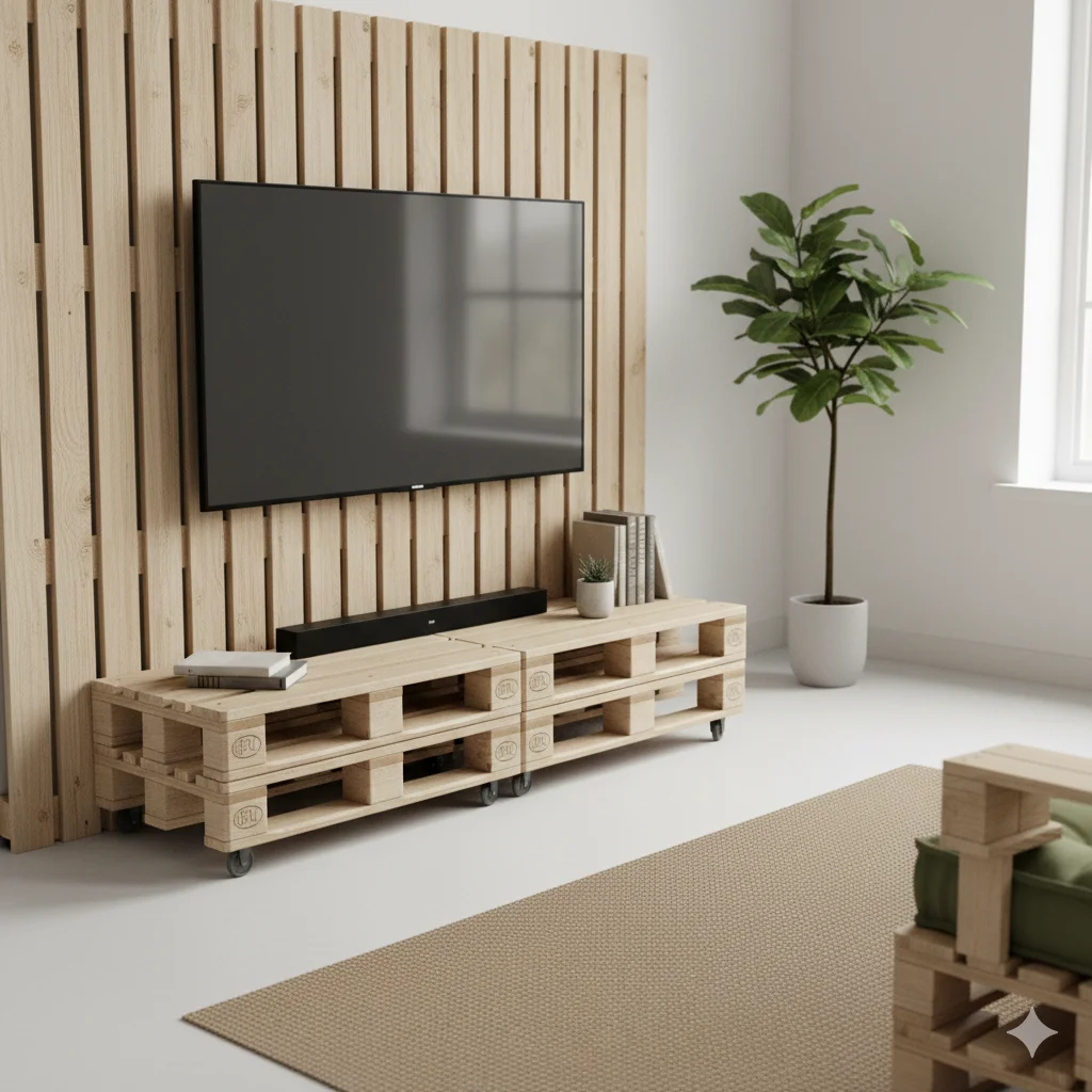 Uma sala de estar moderna com uma TV montada na parede em uma parede de ripas de madeira, um suporte de TV feito de paletes de madeira empilhados com livros e decoração, um vaso de plantas e um tapete bege em um piso branco.