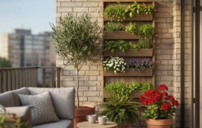 Uma varanda moderna com um sofá aconchegante, uma pequena mesa redonda, vasos de plantas e um jardim vertical de madeira repleto de ervas e flores verdes, encostada em uma parede de tijolos com prédios da cidade ao fundo.
